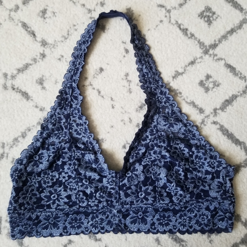 Aerie Lace Halter Floral Navy Bralette Sz L